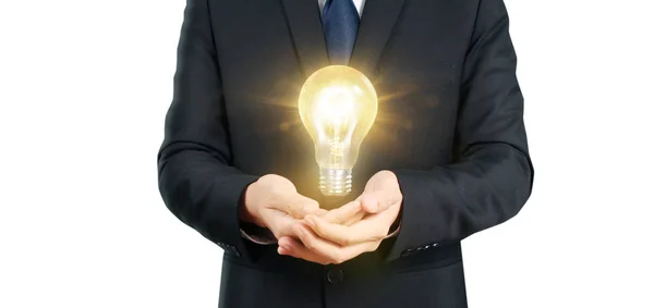 Hand of holding illuminated light bulb, idea, innovation inspira — Stock Photo, Image