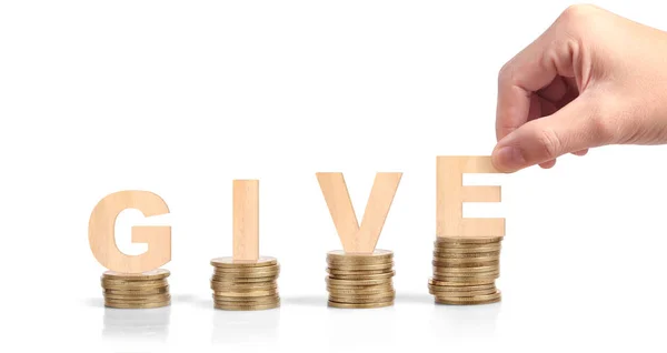 Wooden cube in hand with word with coins stack step up — Stock Photo, Image