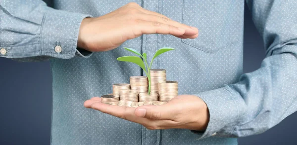 Creciendo monedas en la mano. financiación de inversiones concep —  Fotos de Stock