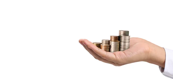 Coins Stacked Each Other Different Positions Man Hand Business Casual — Stock Photo, Image