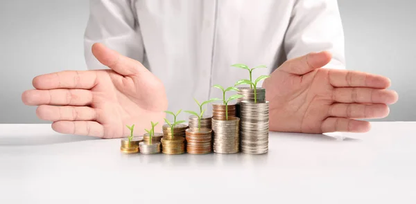 Coins Stacked Each Other Different Positions Man Hand Business Casual — Stock Photo, Image