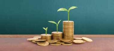 Grafik borsası. Yığınla bozuk para. Yatırım ve tasarruf kavramı