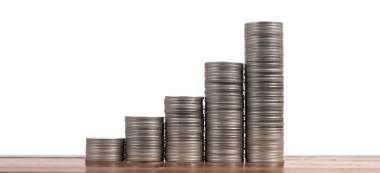 Grafik borsası. Yığınla bozuk para. Yatırım ve tasarruf kavramı