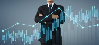 İşadamı, işinde grafik büyümesi ve grafik artışı için olumlu göstergeler planlıyor