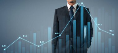 İşadamı, işinde grafik büyümesi ve grafik artışı için olumlu göstergeler planlıyor
