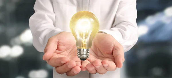 Hand Van Het Houden Van Verlichte Gloeilamp Idee Innovatie Inspiratie — Stockfoto