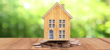 Ev modeli ve madeni paralar. Konut ve Emlak kavramı. ev işi fikri