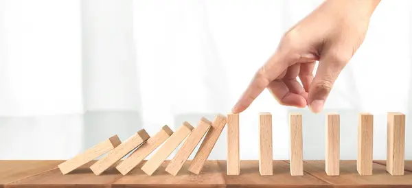 Hand Stopping Domino Effect Stopped Unique Business Ideas — Stock Photo, Image