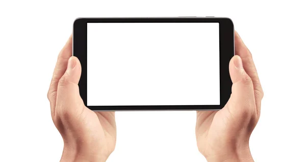 Mãos Segurando Dispositivo Computador Tablet Touch Com Tela Isolada — Fotografia de Stock