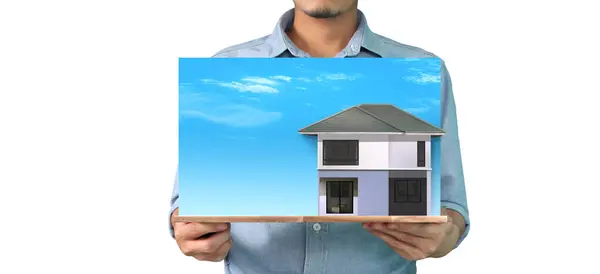 Hypotheek Concept Door Geldhuis Met Een Huismodel Hand — Stockfoto