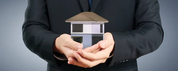 Mortgage Concept Money House Holding House Model Hand — Stock Photo, Image