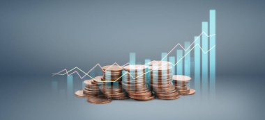 Grafik borsası. Yığınla bozuk para. Yatırım ve tasarruf kavramı