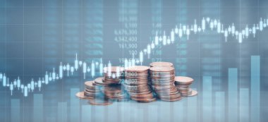 Grafik borsası. Yığınla bozuk para. Yatırım ve tasarruf kavramı