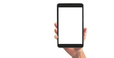 Bir tablet tutan eller izole ekran ile bilgisayar aygıtına dokunur