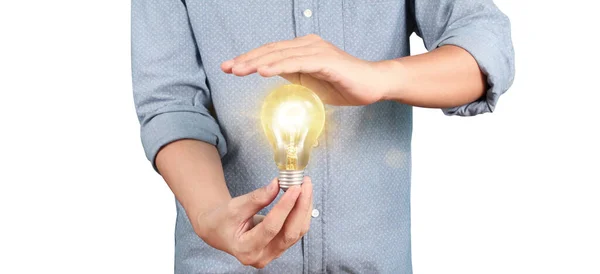 Hand Holding Illuminated Light Bulb Idea Innovation Inspiration Concept — Stock Photo, Image