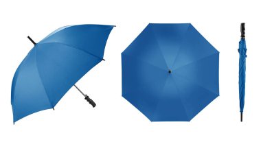 Set of Straight Umbrella in Phantom Blue Colour with Handle Isolated on White Background. Taken in Studio. Design Template for Mock-up, Branding and Advertise. Front, Open Top View and Closed View clipart
