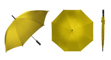 Set of Straight Umbrella in Yellow Colour with Handle Isolated on White Background. Taken in Studio. Design Template for Mock-up, Branding and Advertise. Front, Open Top View and Closed View clipart