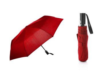 Lush Lav Kırmızı Katlanabilir Şemsiye seti Beyaz Arkaplanda izole edildi. Model, Markalaşma, Reklam için Tasarım Şablonu vs. Ön ve Kapalı Görünüm