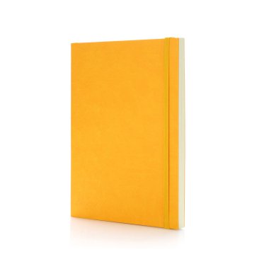 Yellow Hard cover Notebook, Journal or Diary ve elastik bant White Background 'da izole edildi. Model, Markalaşma, Reklam için Tasarım Şablonu vs. Yan görünüm