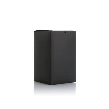 Matt 'in Yüzeyinde Siyah Karton Kutu Paketi Beyaz Arkaplanda İzole Edildi. Model, Markalaşma, Reklam için Tasarım Şablonu vs. Ön görünüm ve Yan Görünüm