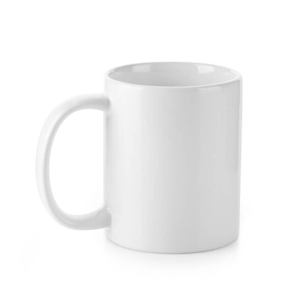 White Ceramic Mug With Handle Isolated on White Background. Used for Hot and Cold Beverage. Design Template for Mock-up. Studio Shoot. Front View