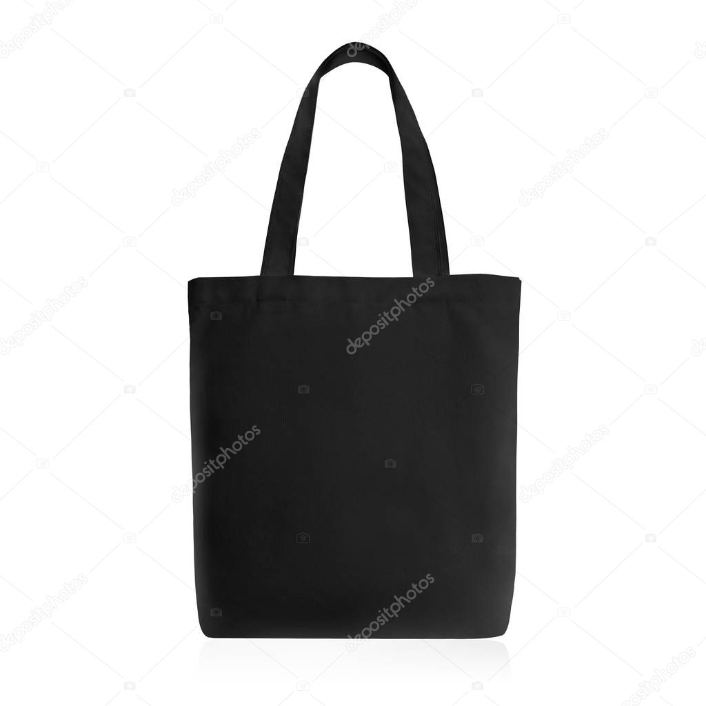 Eco Friendly Black Colour Fashion Canvas Tote Bag Isolated on White Background. Reusable Bag for Groceries and Shopping. Design Template for Mock-up. Studio Shoot. Front View