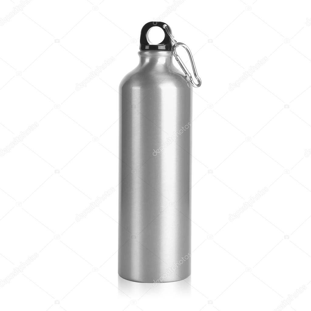 Silver Stainless Steel Aluminium Outdoor Hiking Glossy Metal Water Bottle with Cap & Handle Isolated on White Background. For Hot & Cold Beverages. Design Template for Mock-up, Branding. Studio Shoot