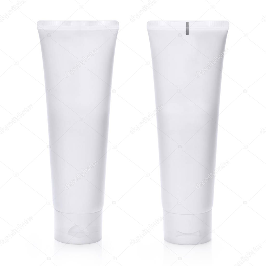 Beauty Cosmetic White Facial Cleanser Foam In Plastic Container Isolated On White Background. For Health Care, Medical Industry Or Personal Use. Design Template for Mock-up. Front & Back View