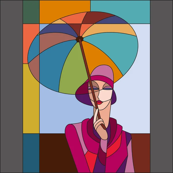 Kadın şemsiye model altında. Art deco vektör renkli geometrik desen. Art deco vitray desen.