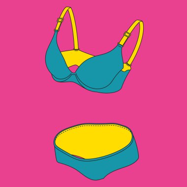 İç çamaşırı ayarlayın. İç çamaşırı ayarlayın. Sütyen, külot. Pop art resim. İç çamaşırı görüntü. Resimli moda sözlük.