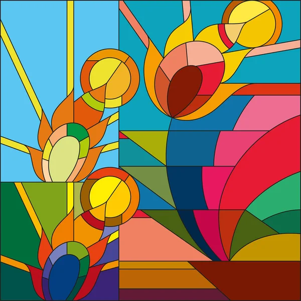 아트 데코 햇볕 패턴에서 벡터 색된 기하학적 꽃 깃털. 아르데코 스테인드 글라스 패턴입니다. 추상 패턴. — 스톡 벡터