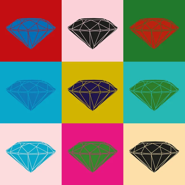 Neuf diamants de couleur sur fond de couleur. Image Pop art . — Image vectorielle