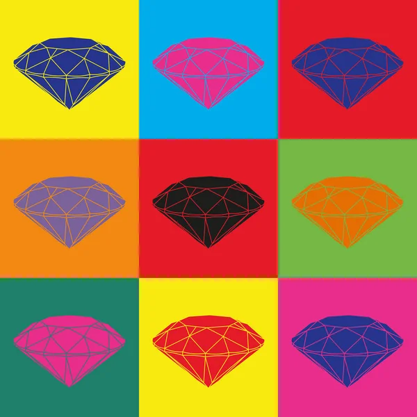 Neuf diamants de couleur sur fond de couleur. Image Pop art . — Image vectorielle