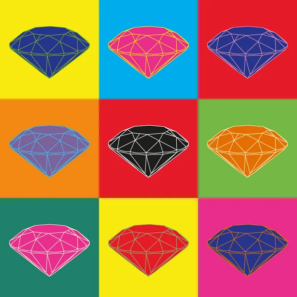 Neuf diamants de couleur sur fond de couleur. Image Pop art . — Image vectorielle