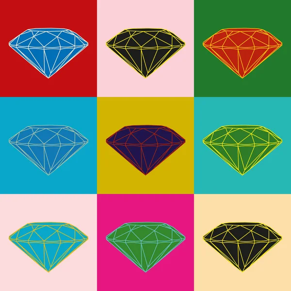 Neuf diamants de couleur sur fond de couleur. Image Pop art . — Image vectorielle