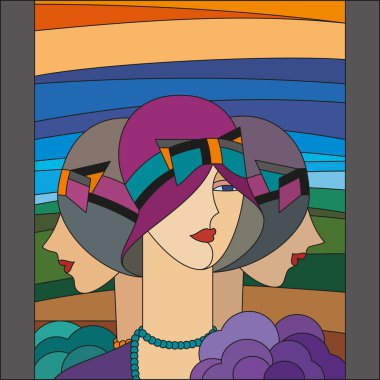 Moda Bayan modeli. Üç uçarı. Art deco vektör geometrik desen. Art deco vitray desen.