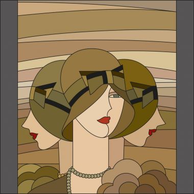 Moda Bayan modeli. Üç uçarı. Art deco vektör geometrik desen. Art deco vitray desen.