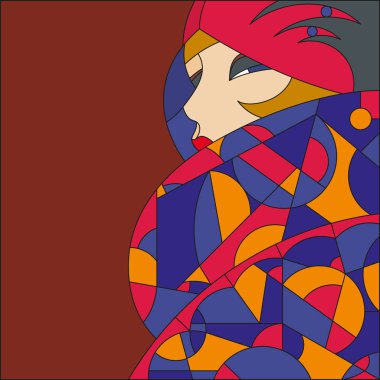 Şık kadın desen. Sineklik. Art deco vektör renkli geometrik desen. Art deco vitray desen.