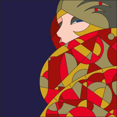 Şık kadın desen. Sineklik. Art deco vektör renkli geometrik desen. Art deco vitray desen.