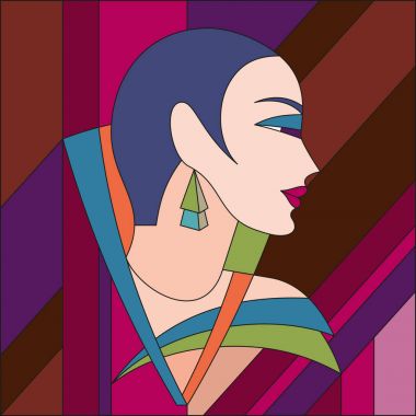 Moda Bayan modeli. Art deco vektör renkli geometrik desen. Art deco vitray desen.