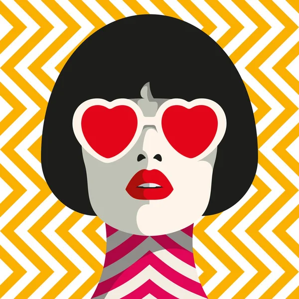 Stylish Woman Heart Glasses Bob Haircut Seamless Geometric Pattern Herringbone Vector Graphics