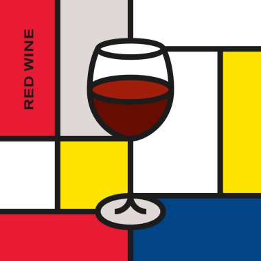 Kırmızı şarap kadehi. Dikdörtgen şekilli modern tarz sanat. Piet Mondrian tarzı desen.