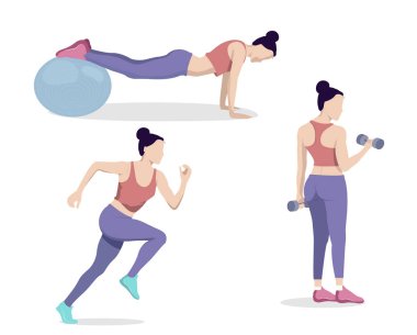  Spor fotoğrafları seti. Genç esmer kadın spor yapıyor. Sağlıklı yaşam tarzı, spor. Kız fitbol oynuyor, koşuyor ve barı kaldırıyor. İzole edilmiş
