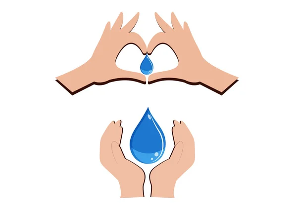 Wereld water dag teken symbool met hand Maak hart voor water druppel op zachte blauwe achtergrond — Stockvector