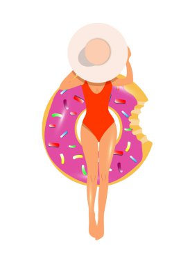 Genç güzel kız, kadın su yüzeyinde, üstten görünüm çizgi film vektör çizim kayan şişme halkası üzerinde dinlenme bikini. Genç mutlu kadın, şişme halkada Yüzme kız