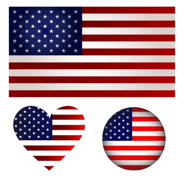 Ustaw flagę amerykańską, przycisk flagi amerykańskiej i serce flagi amerykańskiej. izolowany na białym tle — Wektor stockowy
