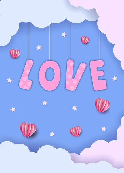 Tarjeta de San Valentín. Pareja sentada cerca de grandes letras AMOR sobre fondo negro con globos de aire. ilustración de arte de papel vectorial . — Archivo Imágenes Vectoriales