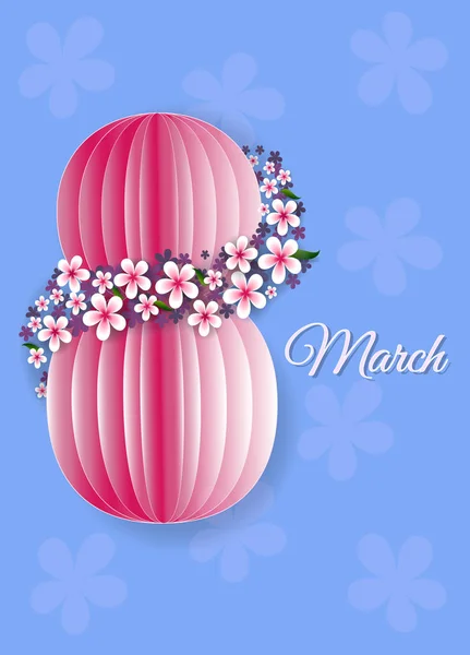 Cartão de dia de mulheres no dia 8 de março. Fundo abstrato com texto e flores Corte de papel e estilo artesanal . — Vetor de Stock