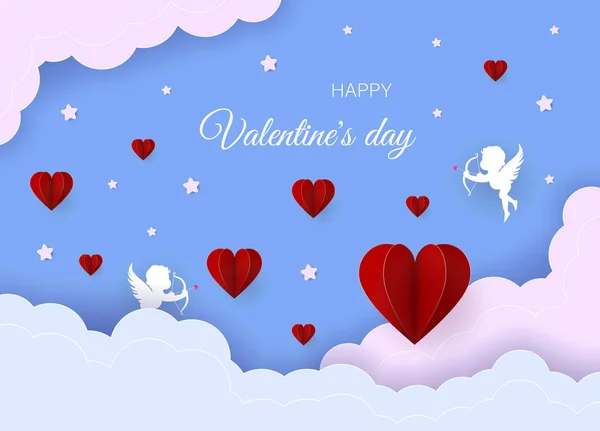 Concetto di San Valentino. Carta nastro bianco e cuore scatter nel cielo.Cuore origami mobile. Illustrazione vettoriale Carta e artigianato — Vettoriale Stock