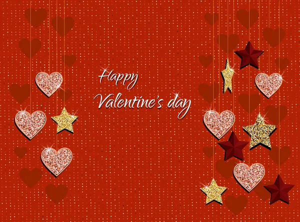 Felice giorno di San Valentino sfondo con cuori, cornice d'oro, scintille e calligrafia scritta a mano. Vettore — Vettoriale Stock
